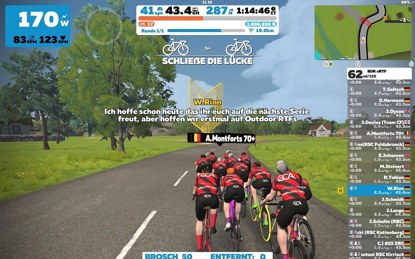Online-Radsport in der virtuellen Welt von Watopia. Screenshot: Wolfgang Rinn/Zwift