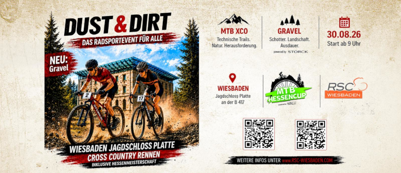 Werbebanner Dust&Dirt Wiesbaden, das Radsportevent für alle am 30.08.2026