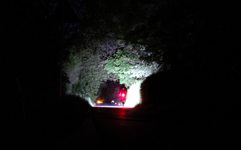Fahrrad mit Licht fährt in einem bewaldeten Abschnitt