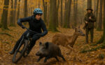 Eine Jägering beobachtet eine Mountainbikerin, die einem Wildschwein und einem Reh ausweicht. Symbolfoto: KI-generiert, chatgpt.com
