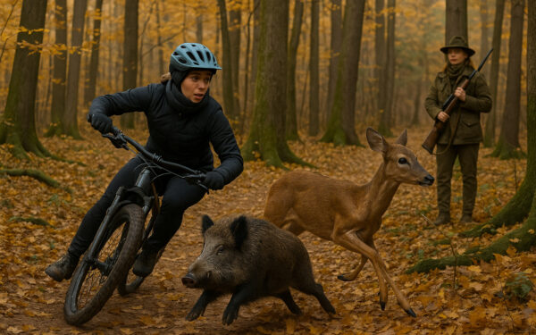 Eine Jägering beobachtet eine Mountainbikerin, die einem Wildschwein und einem Reh ausweicht. Symbolfoto: KI-generiert, chatgpt.com